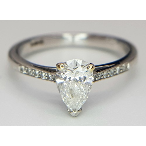 445 - A 18K WHITE GOLD DIAMOND SOLITAIRE RING CENTRE DIAMOND PEAR SHAPE 0.50CT WITH ADDITIONAL DIAMOND SET... 