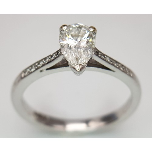 445 - A 18K WHITE GOLD DIAMOND SOLITAIRE RING CENTRE DIAMOND PEAR SHAPE 0.50CT WITH ADDITIONAL DIAMOND SET... 