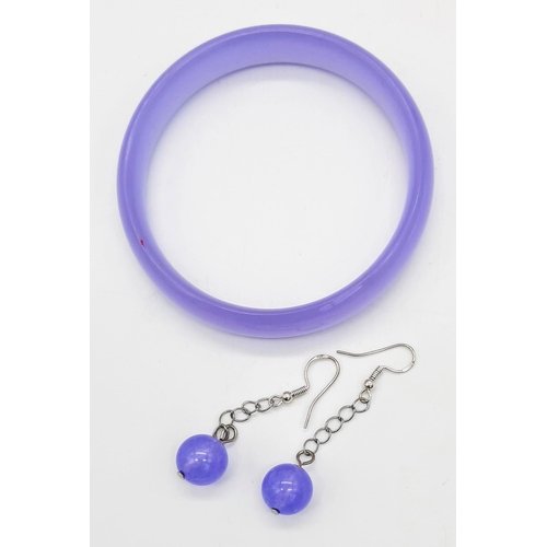 263 - A traditional, Chinese, top notch, Lavender Jade, bangle and sterling silver matching earrings in or... 