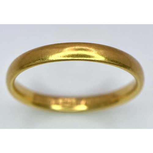 3 - A Vintage 22k Yellow Gold Band Ring. 3mm width. Size L. 2.85g weight. Full UK hallmarks.