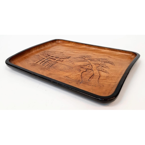 332 - A vintage, Japanese, hand carved tray with the Itsukushima shrine, a UNESCO World Heritage Site. Sig... 