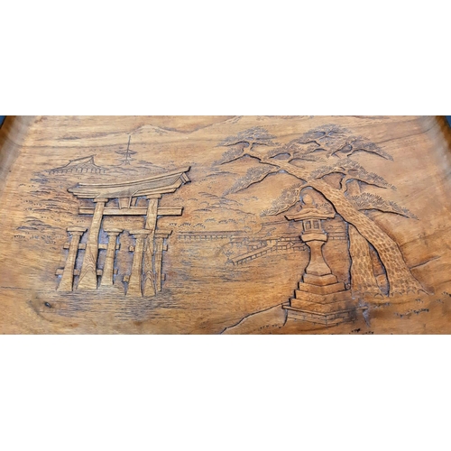 332 - A vintage, Japanese, hand carved tray with the Itsukushima shrine, a UNESCO World Heritage Site. Sig... 