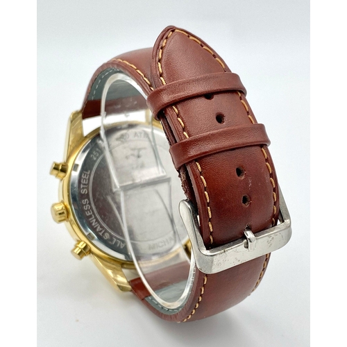 883 - A Designer Michael Kors Chronograph Gents Watch. Brown leather strap. Gilded case - 45mm. Cream dial... 