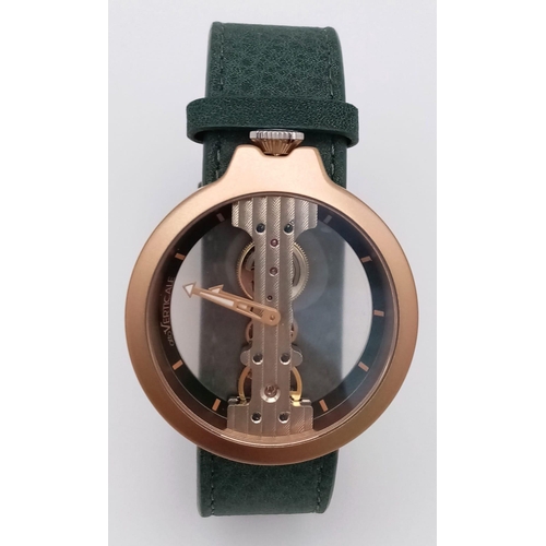 344 - A Verticale Mechanical Top Winder Gents Watch. Green leather strap. Gold  tone ceramic gilded skelet... 