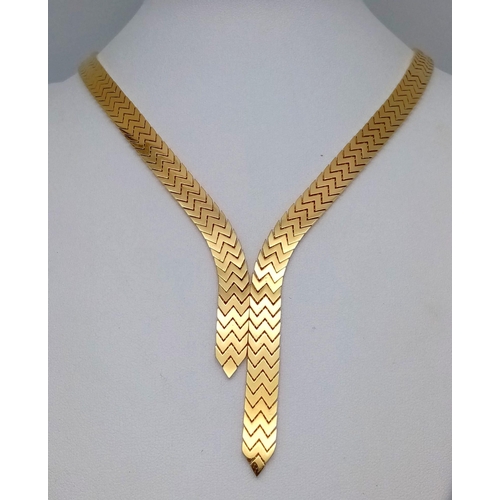 1289 - An Elegant 18K Gold Flat Scale Link Necklace with Twin Tassel Extenders. 48cm length. 35.25g weight.