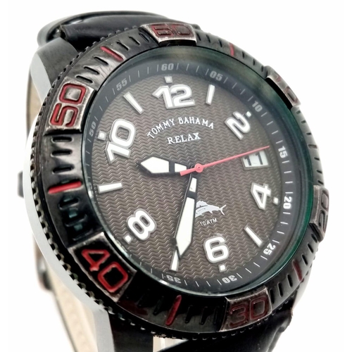 1459 - A Tommy Bahama 'Relax' Quartz Gents Watch. Black leather strap. Case - 46mm. In working order.