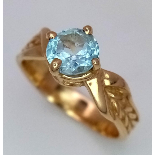 16 - A Vintage 14K Yellow Gold Aquamarine Ring. Size K 1/2. 3.6g total weight.