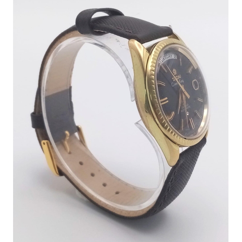 176 - A Vintage Titoni Cosmo King Gents Watch. Brown leather strap. Gilded case - 38mm. Black dial with da... 