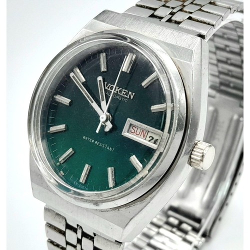 1456 - A Vintage Voken Automatic Gents Watch. Stainless steel bracelet and case - 37mm. Green dial with day... 