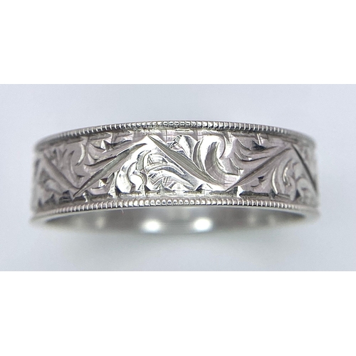 884 - A Vintage 9K White Gold Decorative Band Ring. Size O. 3.56g weight.