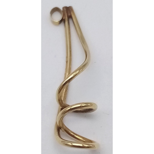 907 - A 9K Yellow Gold Corkscrew Pendant. 4cm. 1.41g weight.