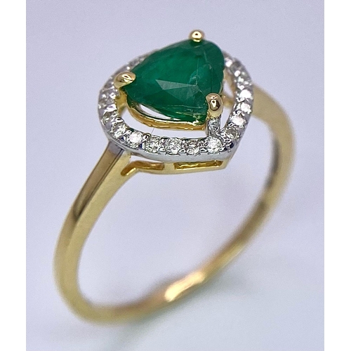 115 - A 14K Gold Heart Shaped Emerald Gemstone Ring - with 0.18ctw of Diamond Accents. Emerald - 0.75ct. S... 