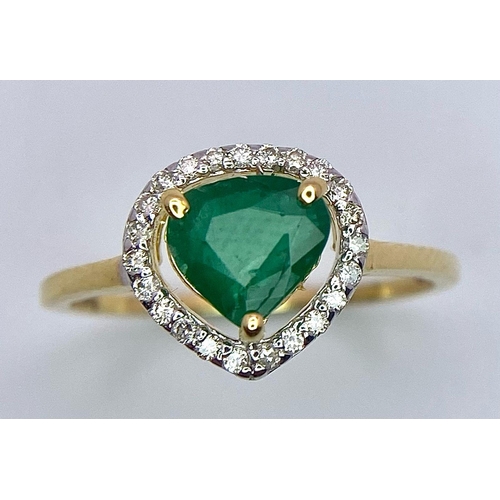 115 - A 14K Gold Heart Shaped Emerald Gemstone Ring - with 0.18ctw of Diamond Accents. Emerald - 0.75ct. S... 