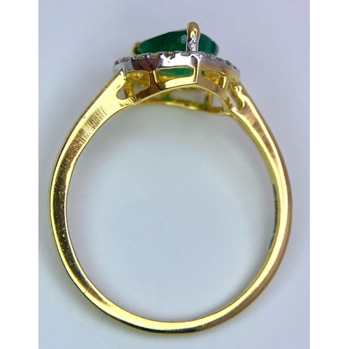 115 - A 14K Gold Heart Shaped Emerald Gemstone Ring - with 0.18ctw of Diamond Accents. Emerald - 0.75ct. S... 