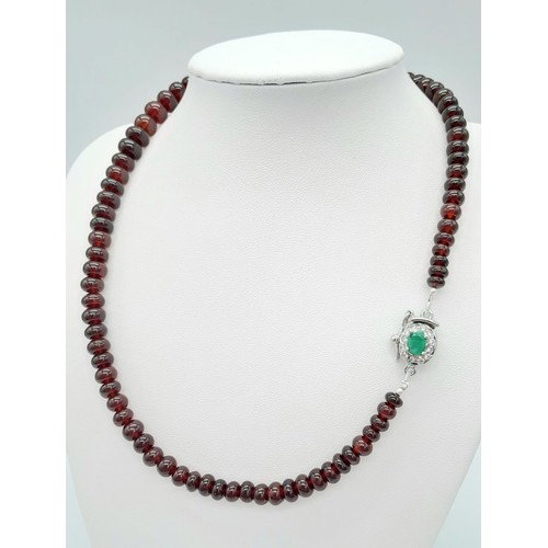 309 - A 260ctw Garnet Rondelle Gemstone Necklace with Emerald Clasp - Set in 925 Silver. 44cm length. 53.5... 