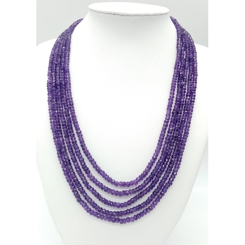 295 - A 270ctw, Five-Row Amethyst Gemstone Necklace, with 925 Silver Clasp. 36cm - 40cm. 55g total weight.... 