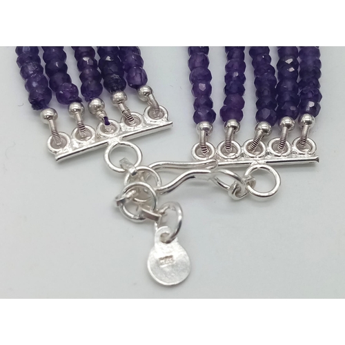 295 - A 270ctw, Five-Row Amethyst Gemstone Necklace, with 925 Silver Clasp. 36cm - 40cm. 55g total weight.... 