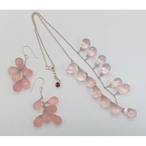 225 - A 925 Silver Necklace with Briolite Cut Rose Quartz Drops, with Matching Earrings. 48cm necklace len... 