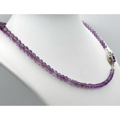 228 - A 90ct Faceted Amethyst Gemstone Necklace with Amethyst Clasp. Set in 925 Silver. 40cm. Ref: Cd-1142