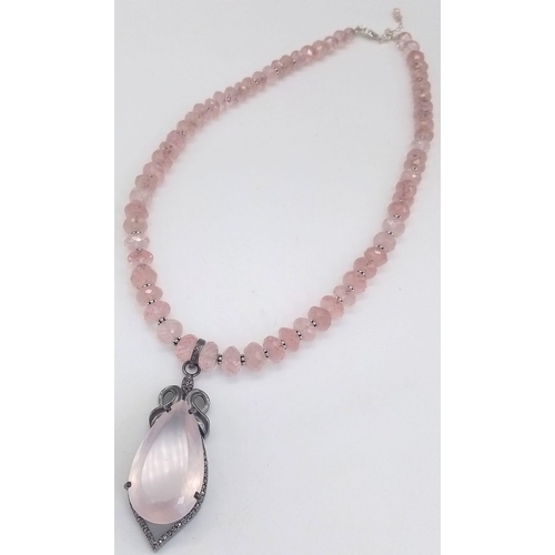 221 - Rose Quartz Gemstone Necklace with Pendant with Diamonds on 925 Silver, The Pendant Comes with Certi... 