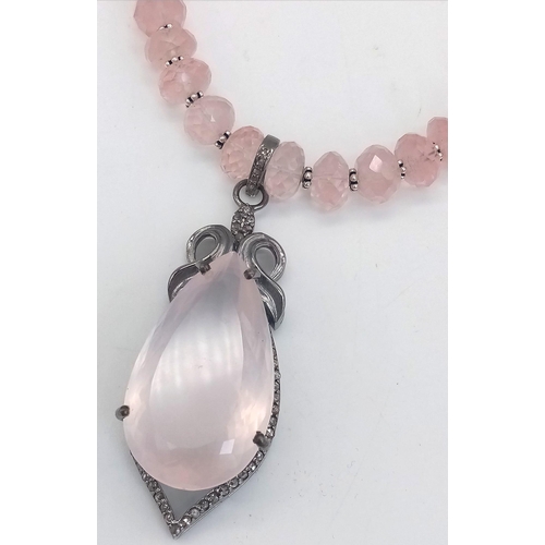 221 - Rose Quartz Gemstone Necklace with Pendant with Diamonds on 925 Silver, The Pendant Comes with Certi... 