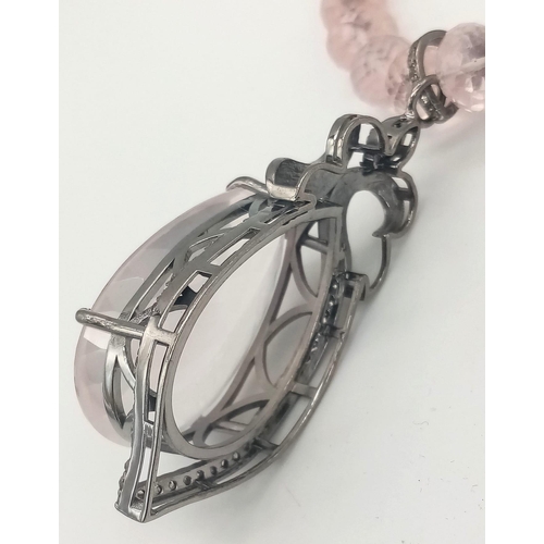 221 - Rose Quartz Gemstone Necklace with Pendant with Diamonds on 925 Silver, The Pendant Comes with Certi... 