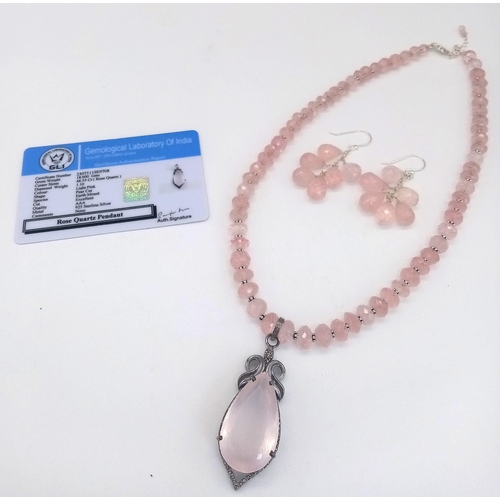 221 - Rose Quartz Gemstone Necklace with Pendant with Diamonds on 925 Silver, The Pendant Comes with Certi... 