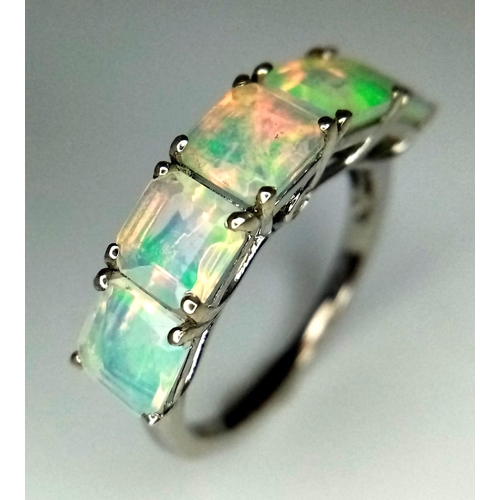 1583 - A Five Stone Opal and Diamond 925 Silver Ring. Size K.