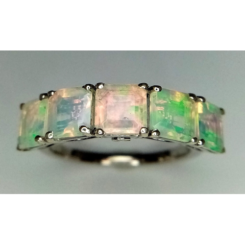 1583 - A Five Stone Opal and Diamond 925 Silver Ring. Size K.