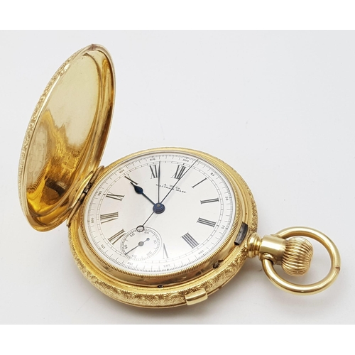 753 - An Antique Waltham 18K Gold Full Hunter Pocket Watch. The case is ornately decorated in a floral pat... 