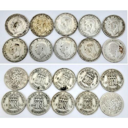 1568 - SELECTION OF 10 SIX PENCE PIECE COINS ALL DATED PRE-1947, SO HAVING MINIMUM OF 50% SILVER CONTANT DA... 