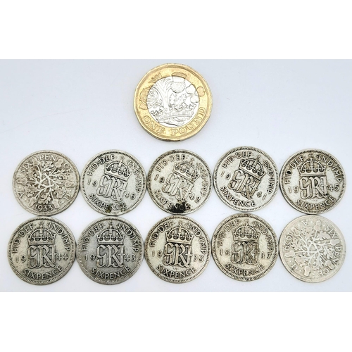 1568 - SELECTION OF 10 SIX PENCE PIECE COINS ALL DATED PRE-1947, SO HAVING MINIMUM OF 50% SILVER CONTANT DA... 