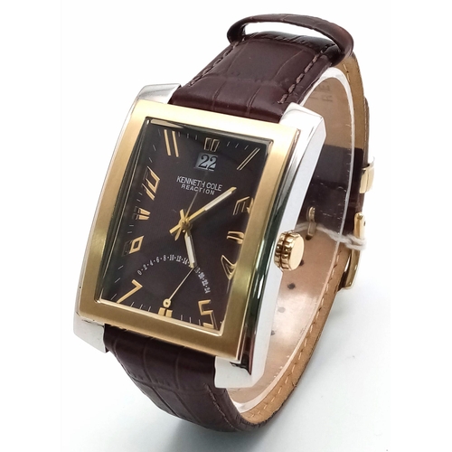 1575 - A New (Ex Display) Kenneth Cole, New York Tank Style Watch ‘Reaction’ Model. Two Tone Case, Brown Le... 