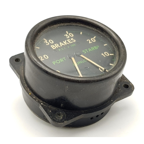 662 - A Vintage Twin Brake Aircraft Gauge - Markings at back for Port and Starboard. 8cm diameter.