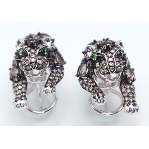 259 - A STUNNING PAIR OF 14K WHITE GOLD DIAMOND , CHAMPAGNE DIAMONDS AND EMERALD PANTHER EARRINGS.   10.5g... 