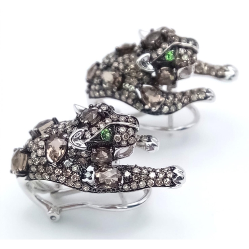 259 - A STUNNING PAIR OF 14K WHITE GOLD DIAMOND , CHAMPAGNE DIAMONDS AND EMERALD PANTHER EARRINGS.   10.5g... 