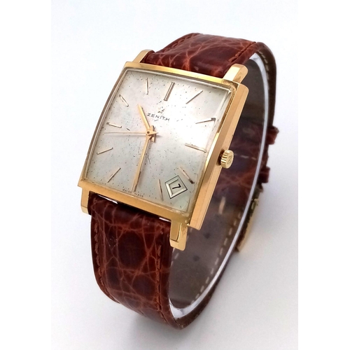 175 - A Vintage 18K Gold Cased Zenith Gents Watch. Crocodile strap. 18k gold rectangular case - 30mm width... 