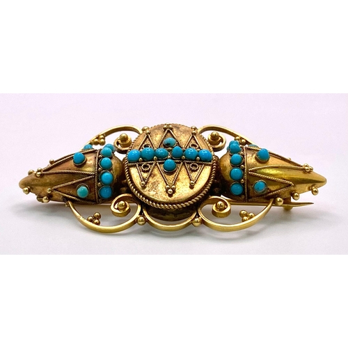 166 - An Antique, Victorian 15K Gold and Turquoise Brooch. Scrolled and mirrored decoration. 5.5cm. 8.46g ... 