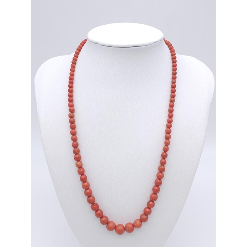 82 - A Graduating Vintage Orange Coral Beaded Necklace.
Measures 48cm in length with a vintage twist clas... 