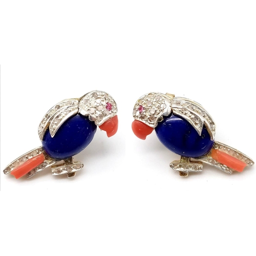 74 - A Glorious Pair of 18K Gold, Lapis, Ruby, Coral and Diamond Parrot Earrings! There is so much going ... 