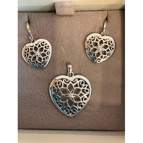 119 - HOT DIAMONDS SILVER  EARRINGS and PENDANT MATCHING SET. Consisting pair of SILVER HEART FILIGREE EAR... 