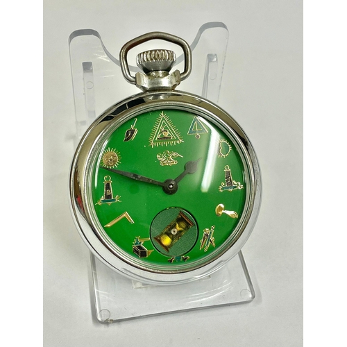 1287 - Vintage Masonic pocket watch ( automaton ( rotating hour glass as ticks . Working