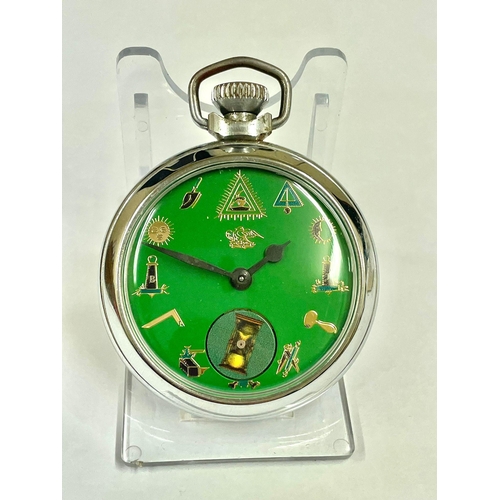 1287 - Vintage Masonic pocket watch ( automaton ( rotating hour glass as ticks . Working