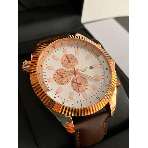 14 - GAMAGES LONDON AUTOMATIC CHRONOGRAPH.ROTATOR LIMITED EDITION 8400. Skeleton back. Brown leather stra... 