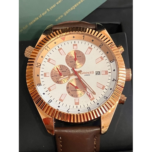 14 - GAMAGES LONDON AUTOMATIC CHRONOGRAPH.ROTATOR LIMITED EDITION 8400. Skeleton back. Brown leather stra... 