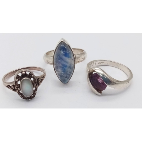 1579 - Three Vintage Sterling Silver Rings: Rutilated quartz, mother of pearl and amethyst. Sizes: 2 x O, 1... 