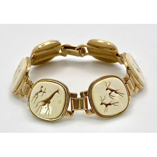 170 - A South African 9 K yellow gold bracelet and ring set with hunting scenes carved on bone. Ring size:... 