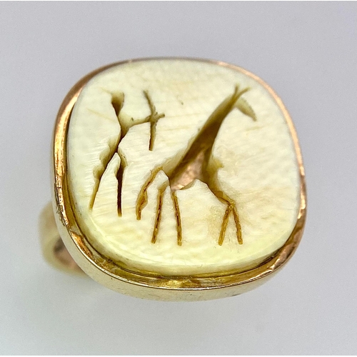 170 - A South African 9 K yellow gold bracelet and ring set with hunting scenes carved on bone. Ring size:... 