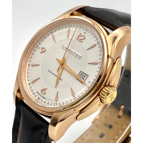 198 - An Excellent Condition Hamilton Viewmatic Jazzmaster Rose Gold Plated Automatic Date Watch Model H32... 