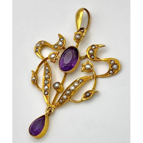 20 - A beautiful ART NOUVEAU 9 K yellow gold pendant with vivid coloured amethysts and natural seed pearl... 